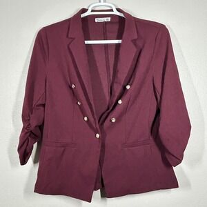 89th + Madison Womens Burgundy Ruched 3/4 Sleeve Gold Button Blazer Large
